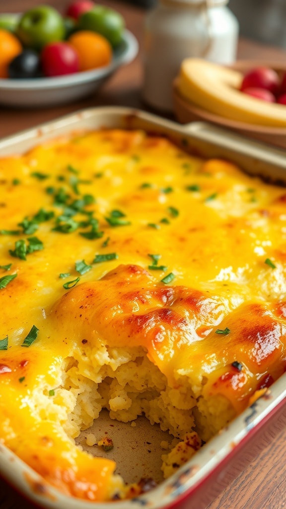 A baked breakfast casserole with cheese and herbs, served in a rustic dish, surrounded by fresh fruit.